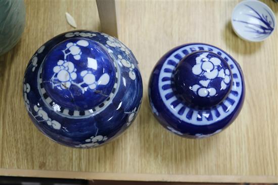 A Chinese blue and white dragon vase, a figure, two jars, teabowl and a famille verte vase